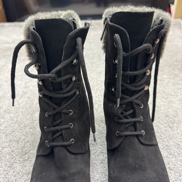 Aquatalia Suede Faux Fur Wedge Winte Boots Womens 8 Black Lace Up Side Zip Italy - Picture 13 of 16
